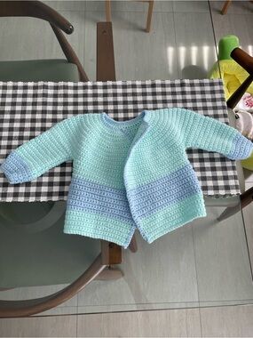 Handmade crochet baby sweater aqua